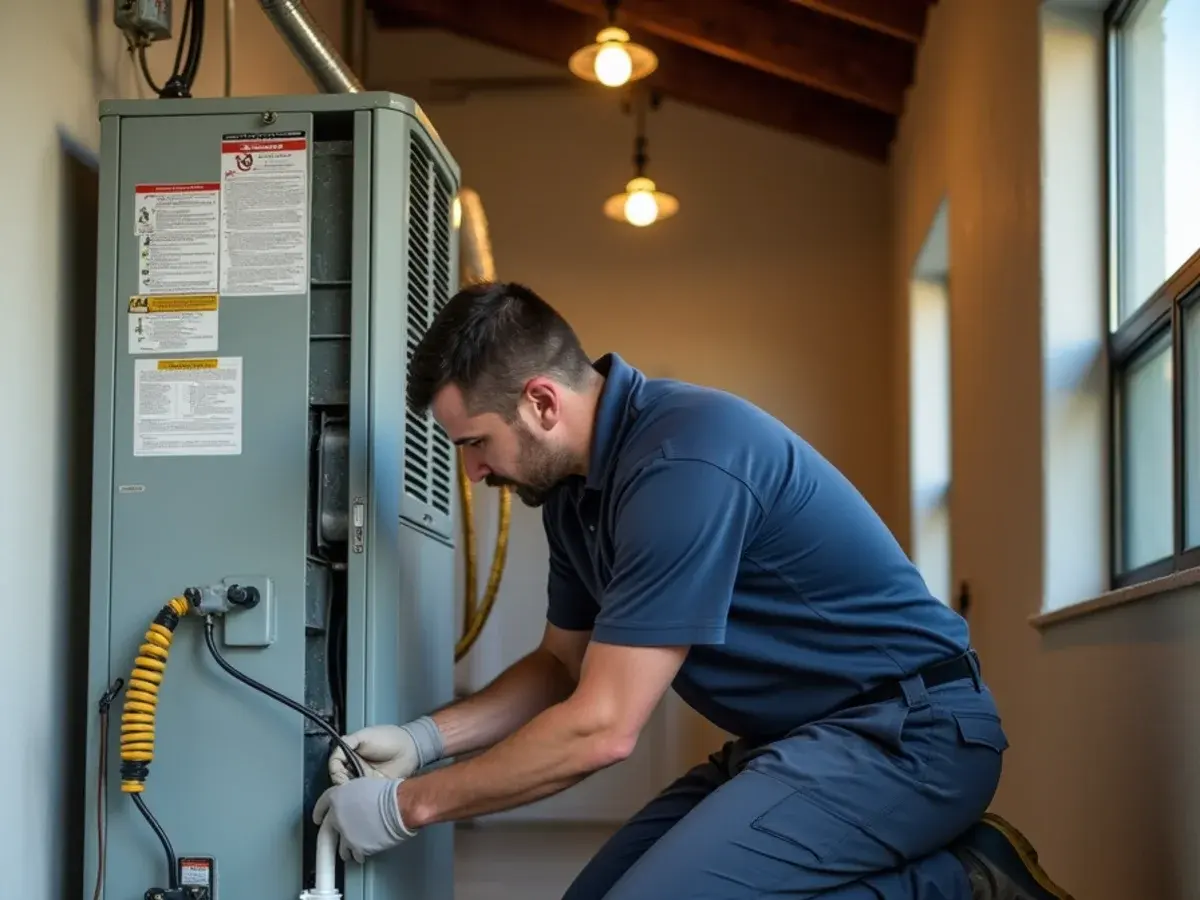 Technician clearing a condensate drain line at an air handler in a Clermont, FL garage
