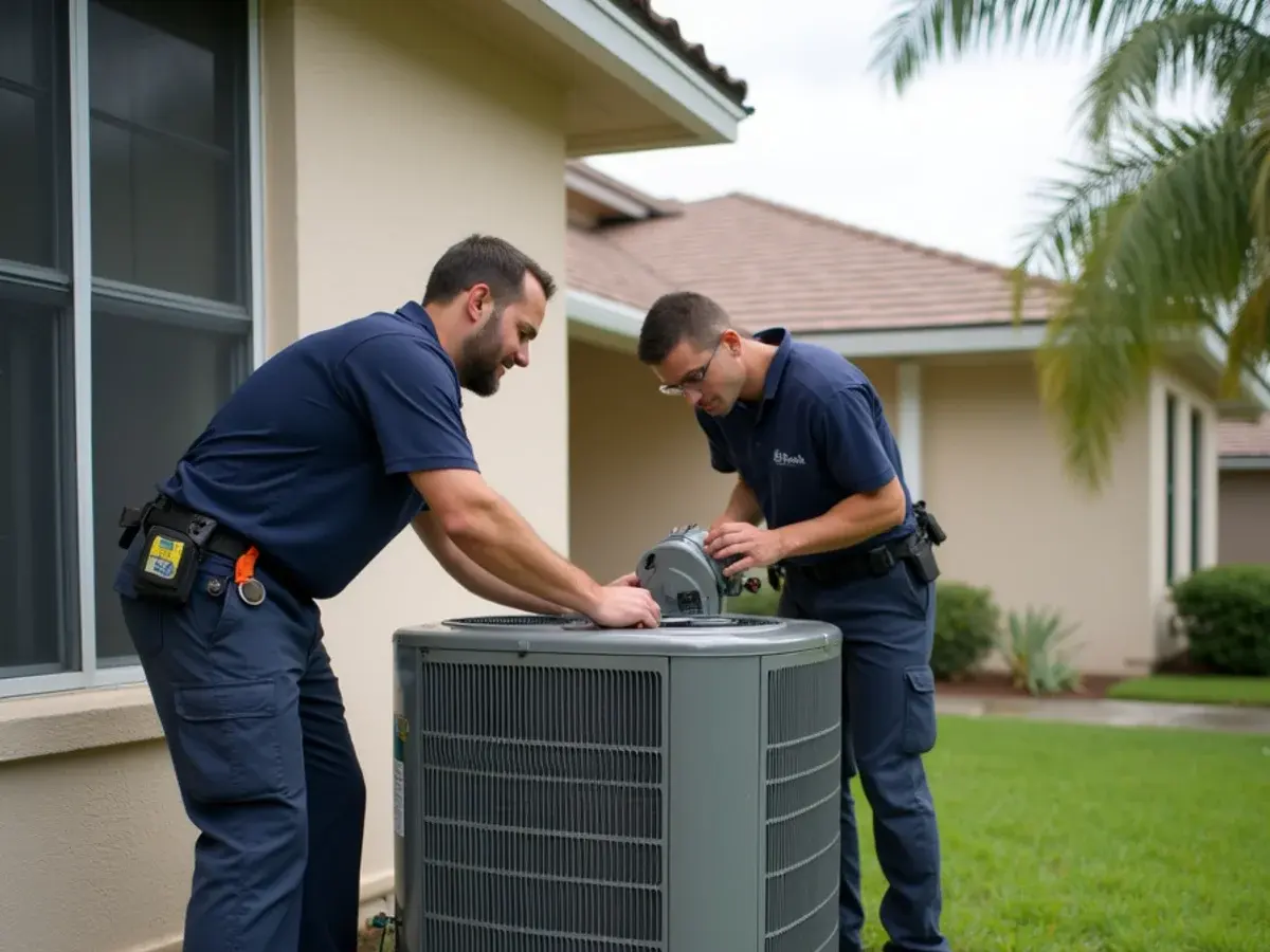HVAC contractor replacing a condenser fan motor on top of an outdoor AC unit at a Clermont, FL home