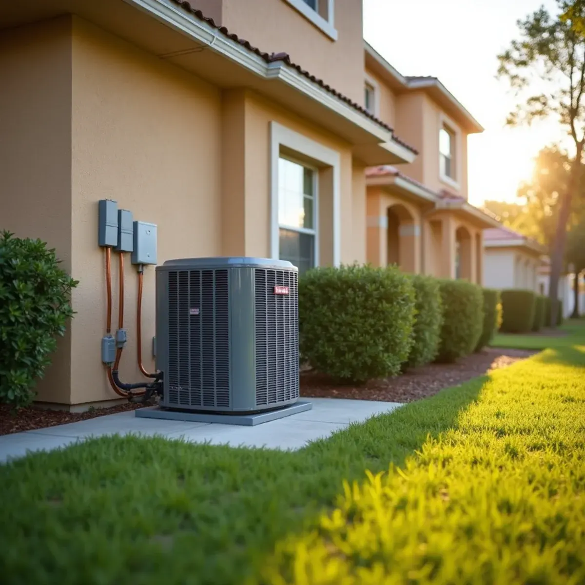 New heat pump condenser on a fresh pad beside a two-story stucco home in Clermont, FL