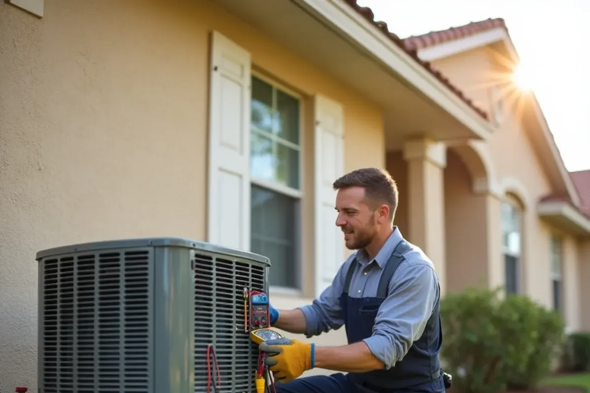 HVAC technician testing a dual run capacitor at an outdoor AC unit beside a Clermont, FL home