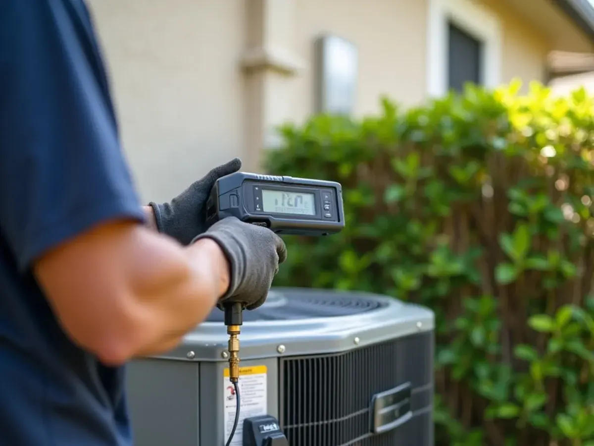 Technician using an electronic leak detector on the coil joints of an outdoor AC condenser in Clermont, FL