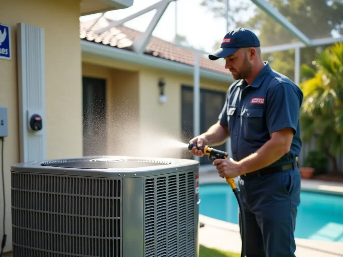 Technician rinsing a dirt-matted condenser coil on an outdoor AC unit in a Clermont, FL backyard