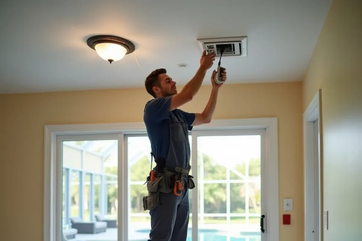Technician measuring supply air temperature at a ceiling vent in a Four Corners, FL vacation home
