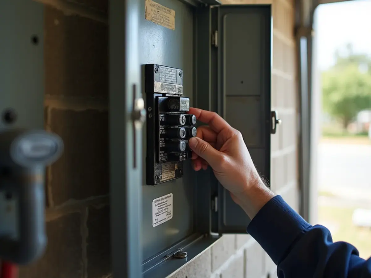 Resetting a tripped AC condenser breaker in a garage electrical panel in Clermont, FL