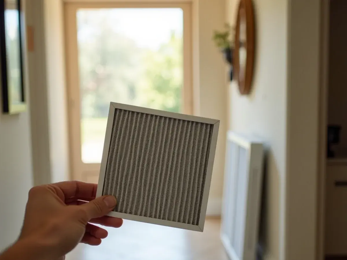 Homeowner holding a dust-clogged AC air filter up to the light in a Clermont, FL home