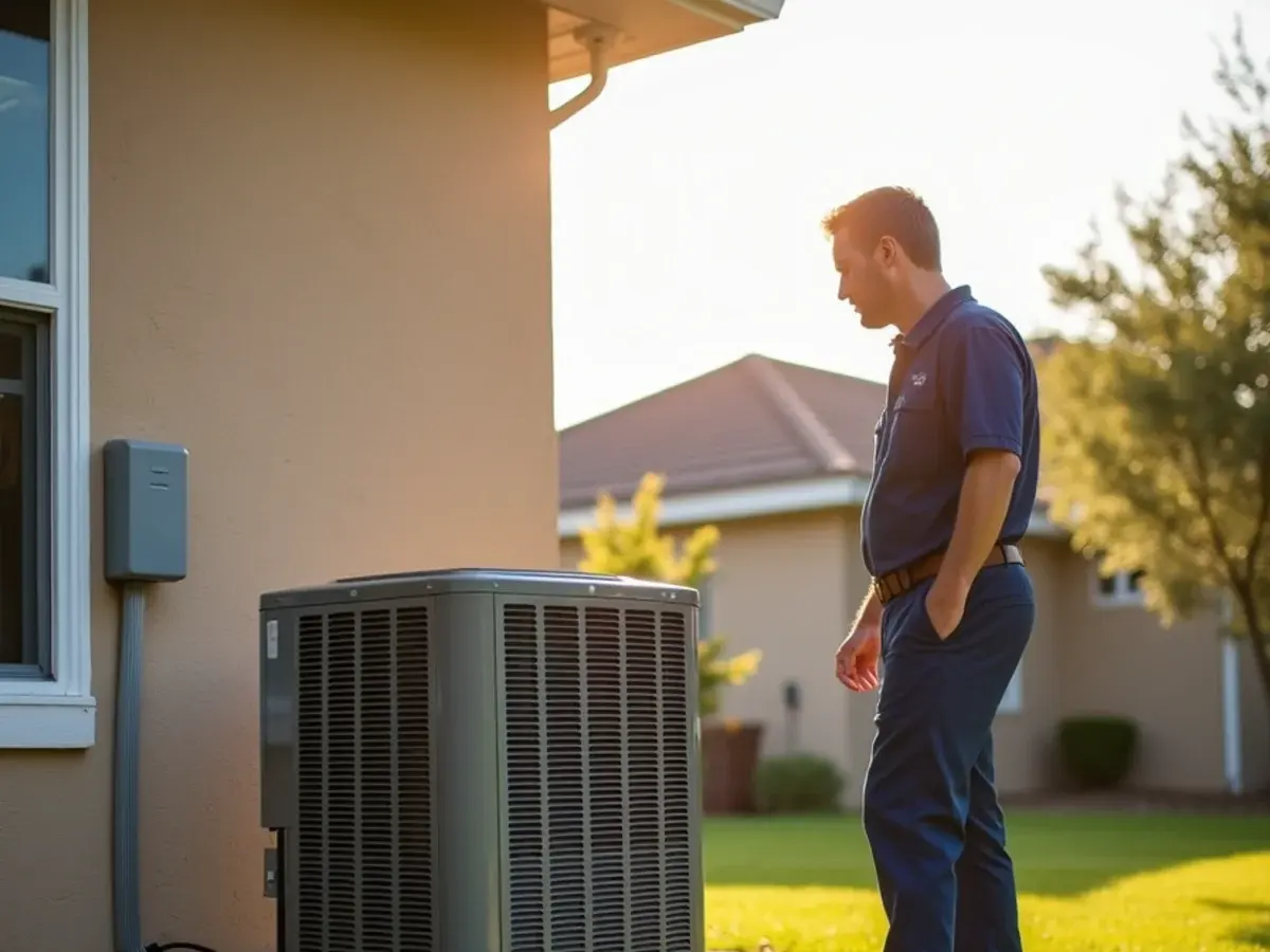 Homeowner listening to an outdoor AC condenser whose fan is not spinning beside a Clermont, FL home