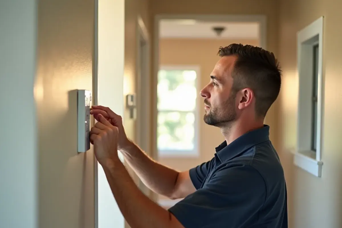Homeowner checking a thermostat in a Clermont, FL hallway after the air conditioning stopped working