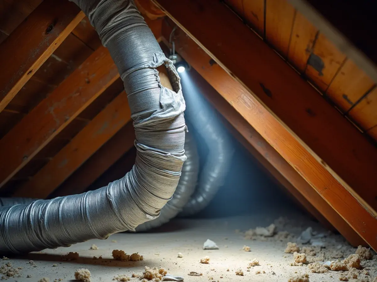 Sagging and kinked 20-year-old attic flex duct over the bedrooms of a Clermont, FL home