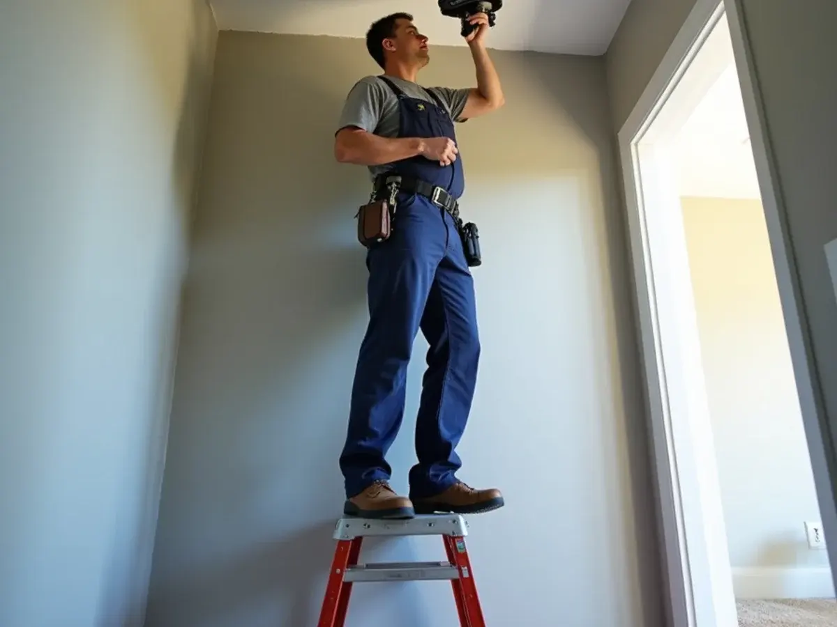Technician measuring airflow at an upstairs return grille in a two-story home near Clermont, FL