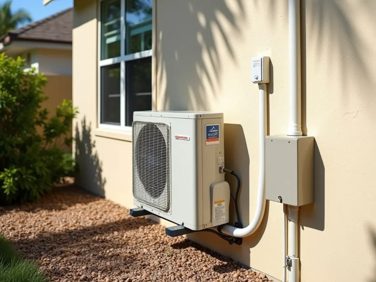 Mini-split outdoor condenser on a wall bracket with a covered line set at a home near Four Corners, FL