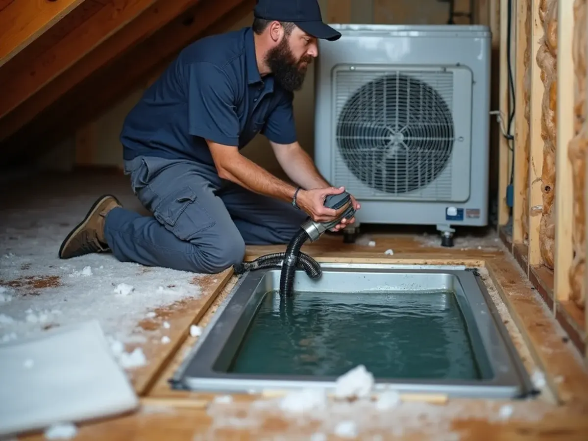 Technician clearing a clogged condensate drain line above an overflowing secondary drain pan in a Clermont, FL attic