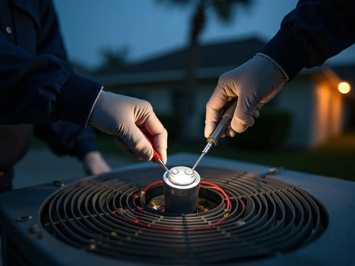 HVAC technician testing a dual run capacitor with a multimeter on an outdoor AC unit at night in Clermont, FL