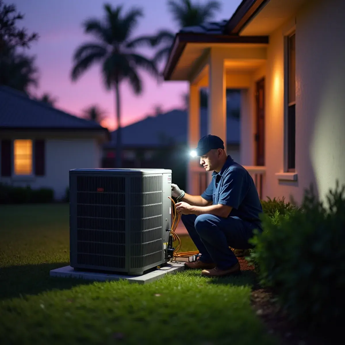 HVAC technician with a flashlight checking an outdoor AC condenser at dusk beside a Clermont, FL home