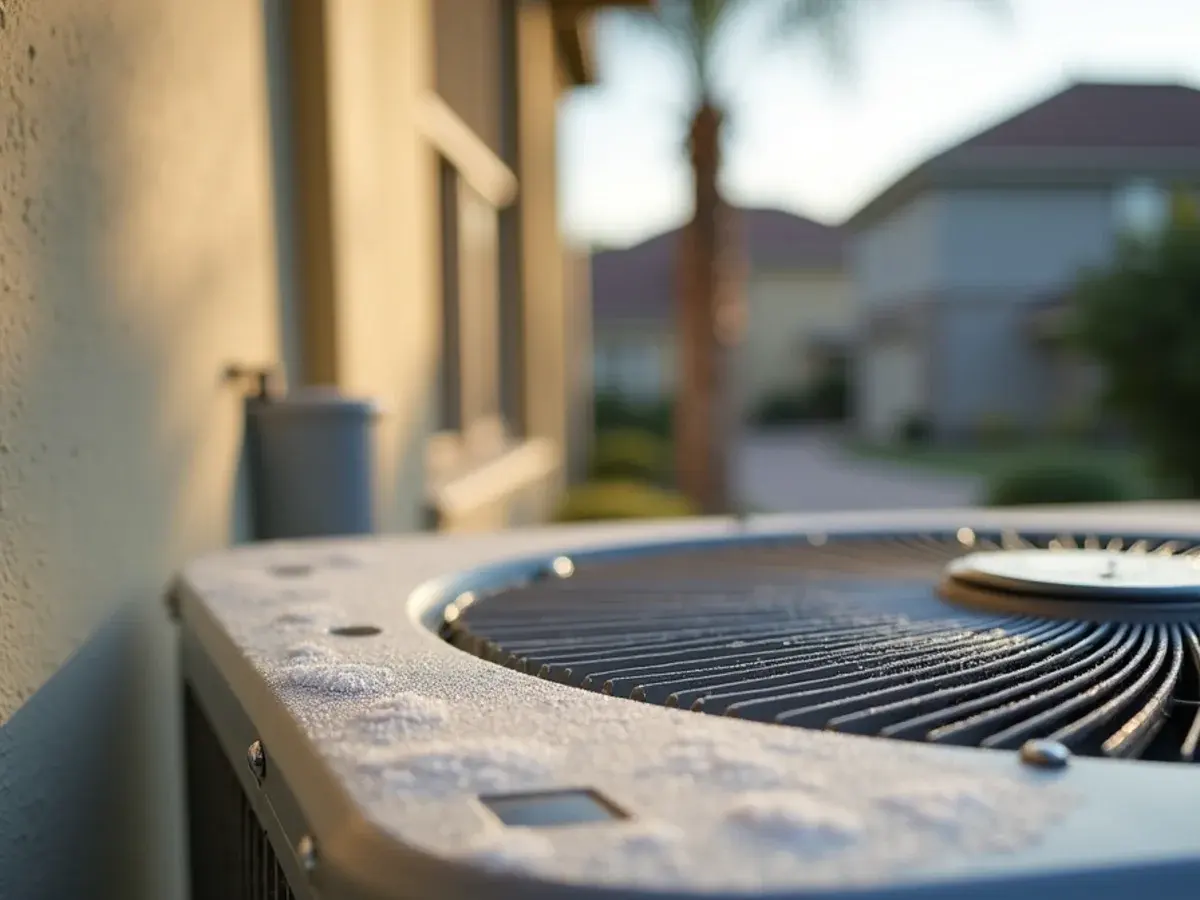 Outdoor heat pump coil with light frost during a winter defrost cycle at a Clermont, FL home