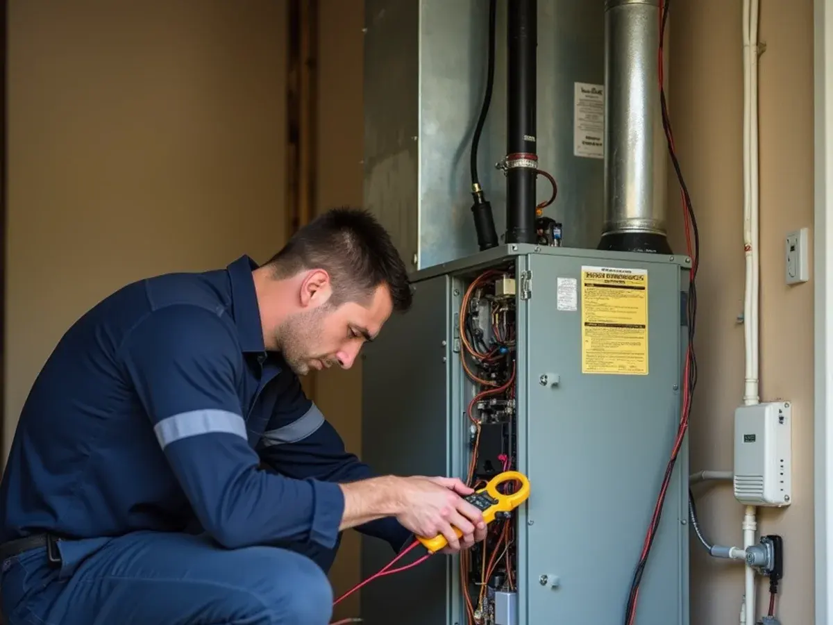 Technician testing electric heat strips inside an air handler in a Clermont, FL garage