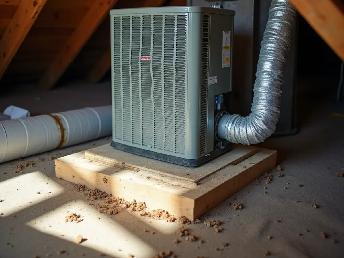 Original builder-grade air handler and flex duct in the attic of a 2000s Clermont, FL home
