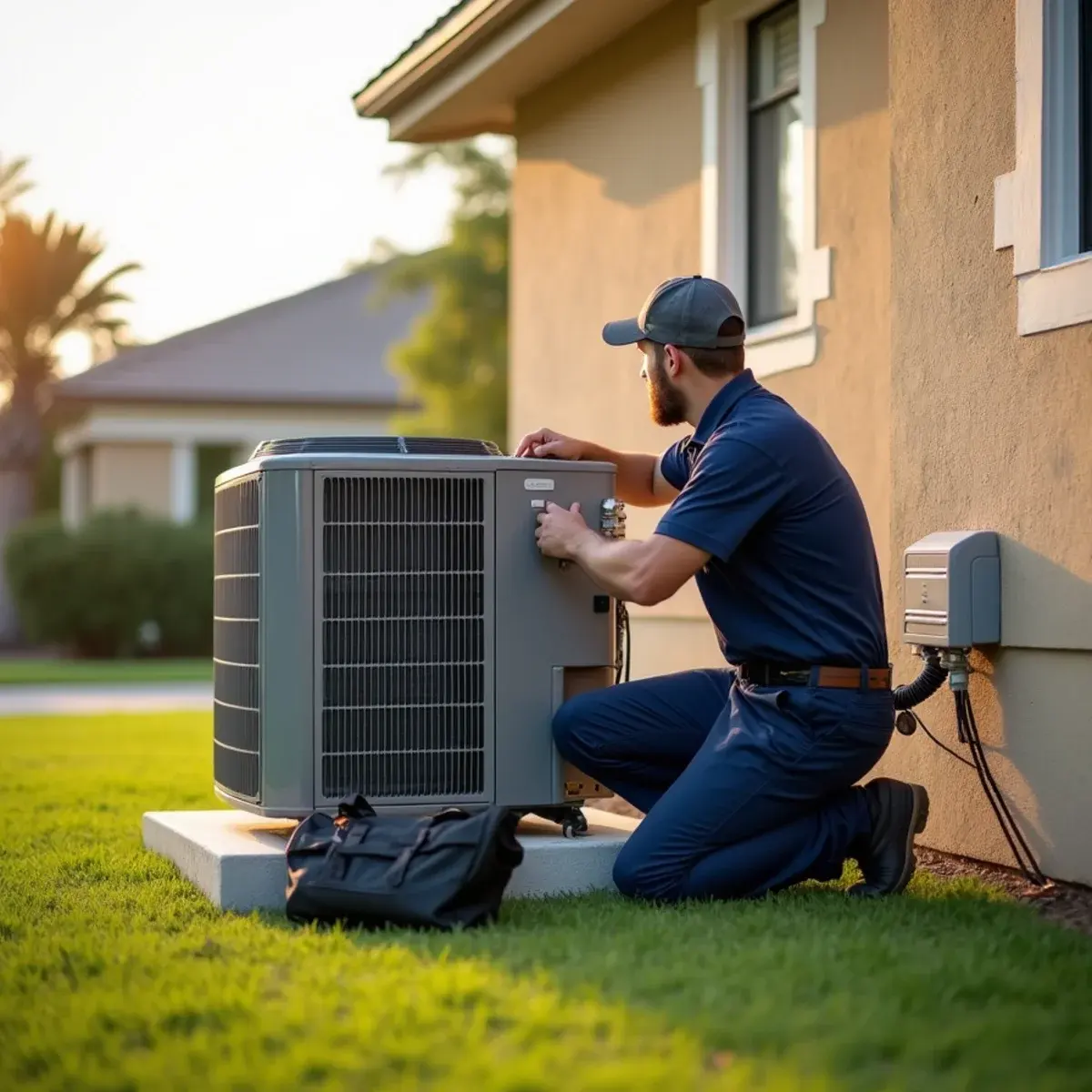HVAC contractor servicing a heat pump condenser beside a two-story home in Clermont, FL