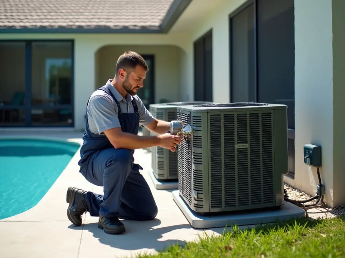 HVAC technician checking the AC condensers at a Four Corners, FL vacation rental pool home