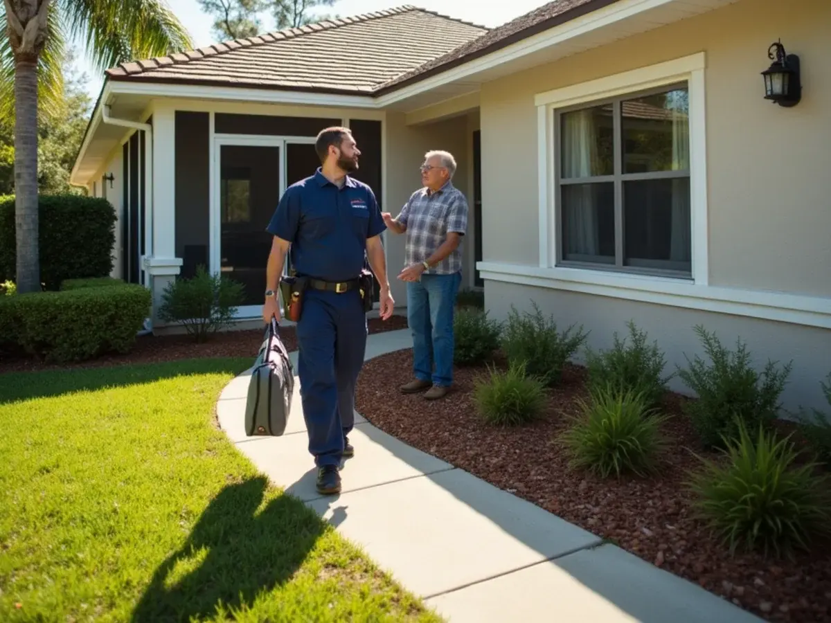 HVAC technician arriving at a single-story home in a Groveland, FL 55+ community