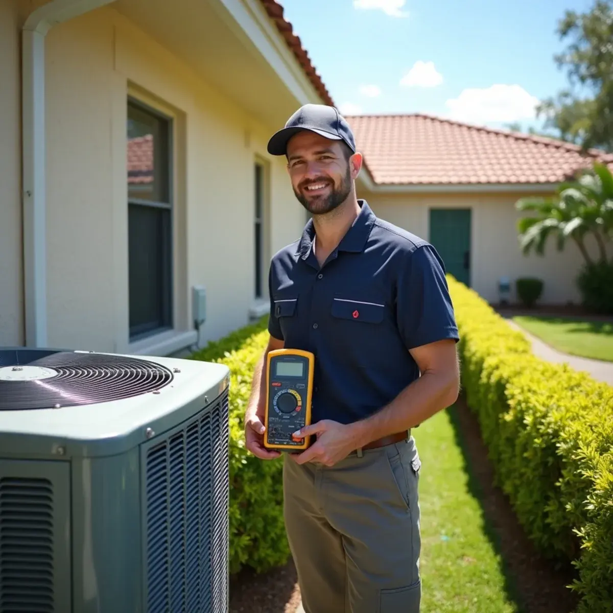 HVAC contractor testing an outdoor AC unit at a single-story home in a Groveland, FL 55+ community