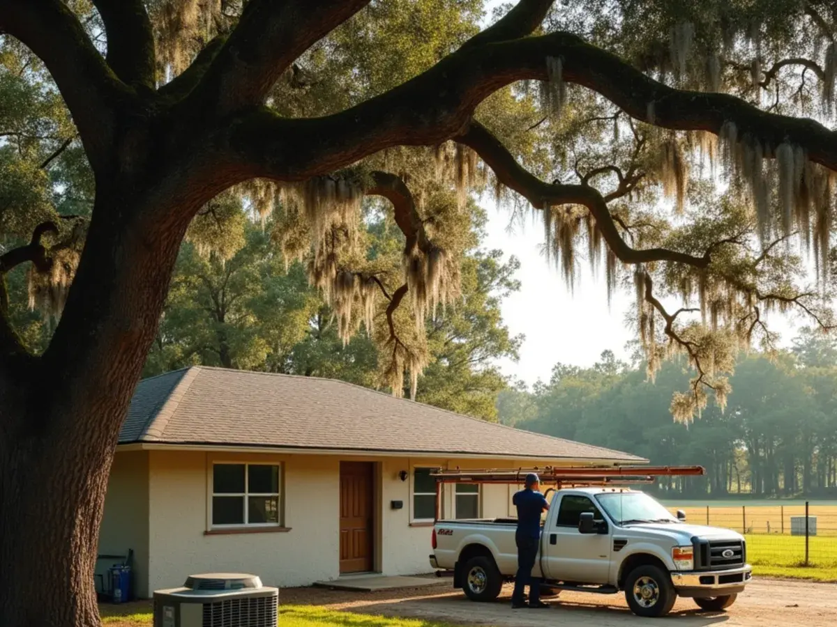 Heat pump outside a rural ranch home on a large lot near Mascotte, FL